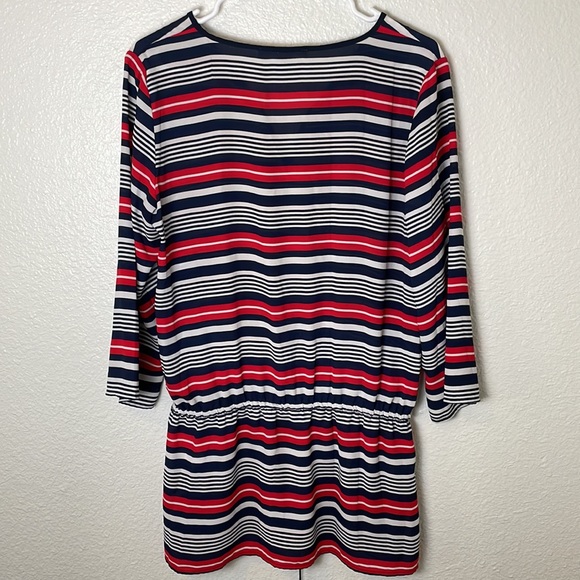 Michael Kors Red White and Blue Tunic Top 3/4 Sleeves Sheer Waist Tie - Picture 3 of 8